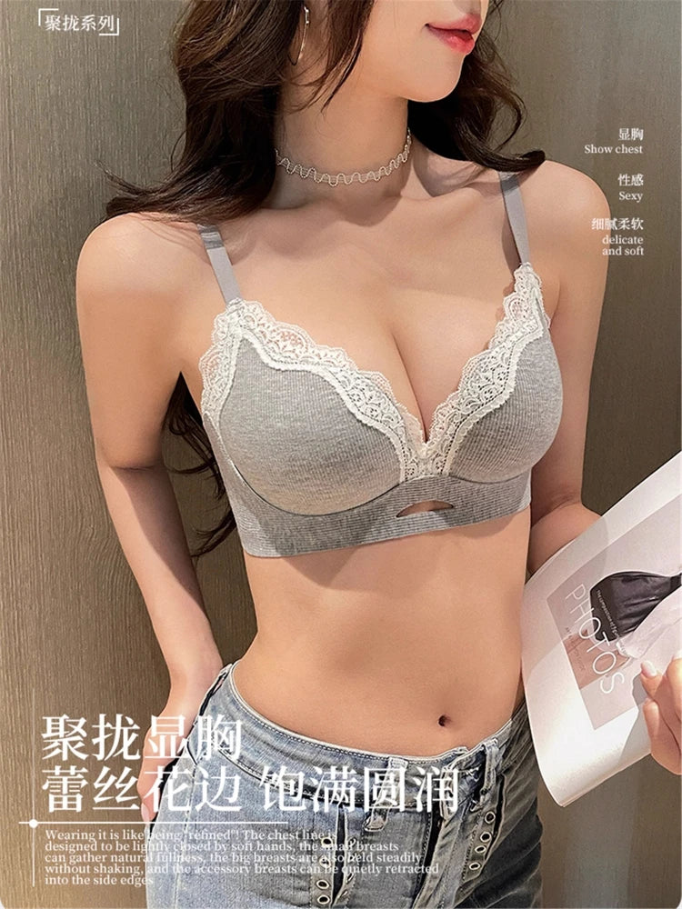 Elegant Matte Lace Bralette AB Cup, Wireless Push Up Bra Small Chest, Gathers Anti Sagging, Seamless Soft Cup T-Shirt Bra 32-38