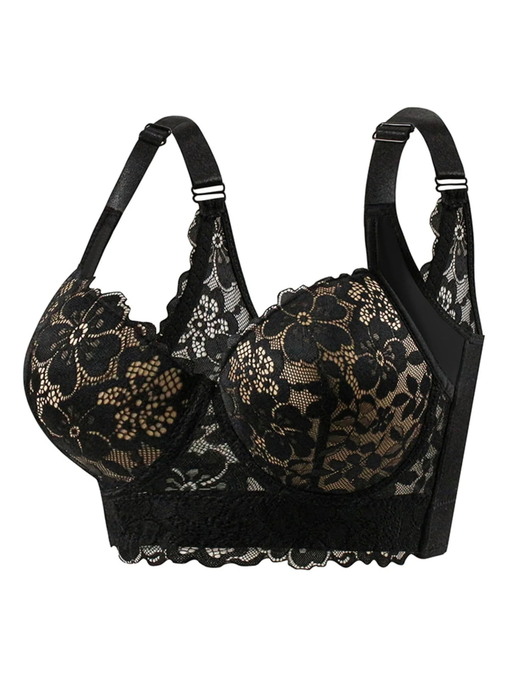Black lace underwire bra with floral lace cups, adjustable shoulder straps, and a scalloped lace band, shown on a plain white background.