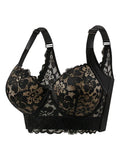 Black lace underwire bra with floral lace cups, adjustable shoulder straps, and a scalloped lace band, shown on a plain white background.