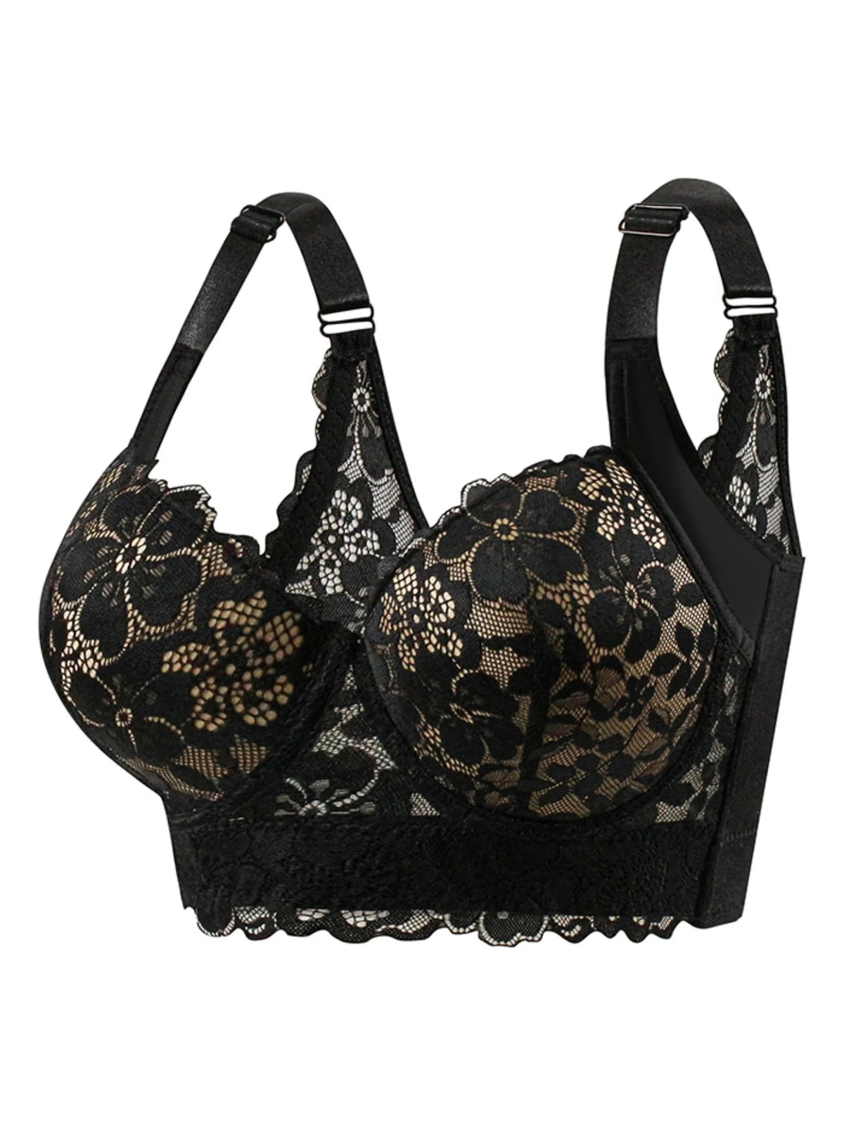 Black lace underwire bra with floral lace cups, adjustable shoulder straps, and a scalloped lace band, shown on a plain white background.