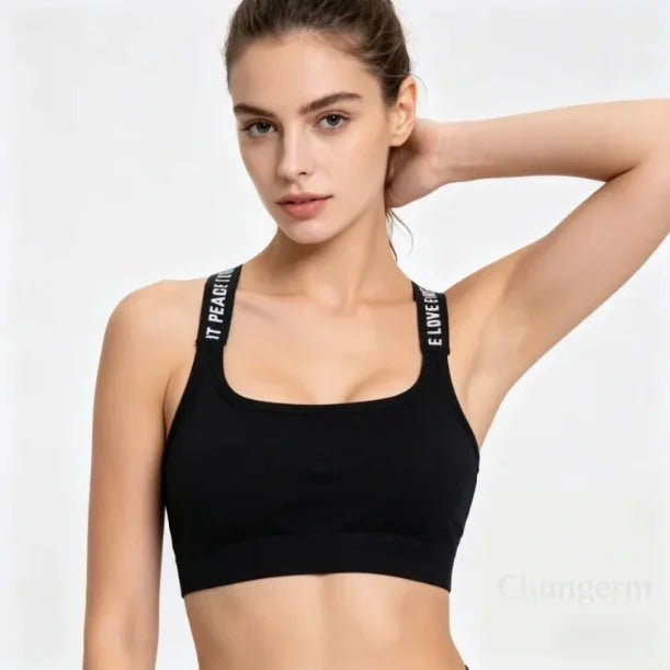 CHUANGERM Women's Seamless Sports Crop Top Wide Letter Straps Wireless Back Comfortable Yoga Fitness Workout