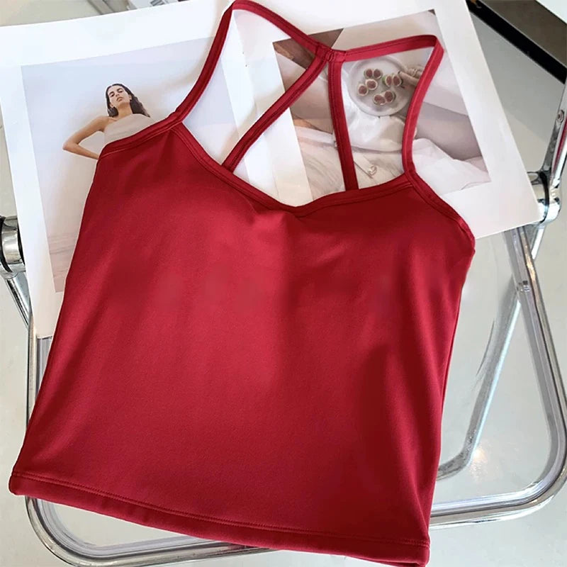 Red tank top on a chair with a blurred background
