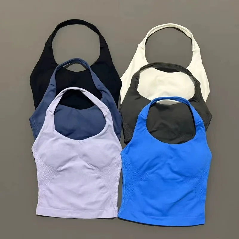 Sports Gym Halter Top Woman Seamless Yoga Tank Removable Chest Pad Push-up Sports Vest Fitness Workout Running Tops