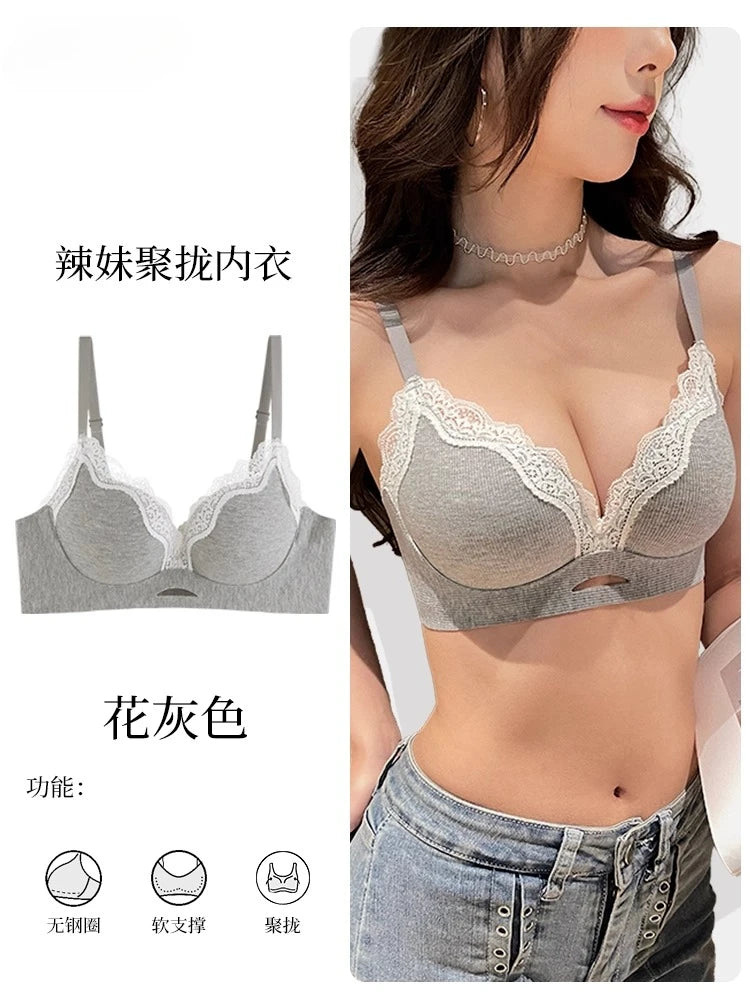 Elegant Matte Lace Bralette AB Cup, Wireless Push Up Bra Small Chest, Gathers Anti Sagging, Seamless Soft Cup T-Shirt Bra 32-38