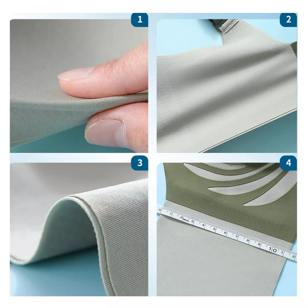 Collage of fabric samples with a hand, roll, and measurement tool on a blue background