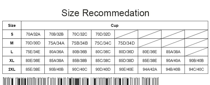A size recommendation chart showing a size-to-cup conversion table from S to 2XL, with diagonal guide lines across the cup columns and a barcode at the bottom.
