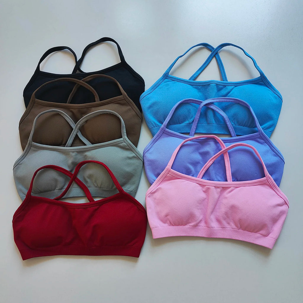 Set of colorful bras arranged on a light gray background