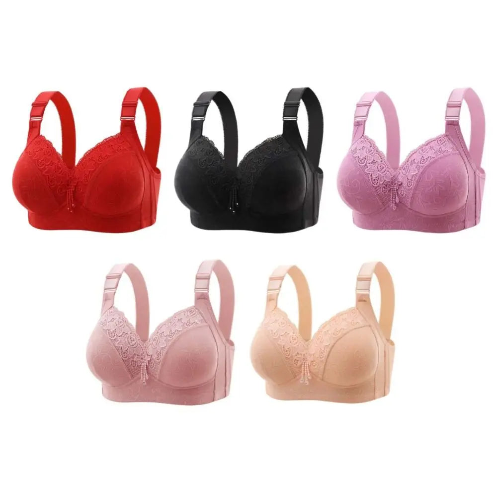 Set of five bras in different colors on a white background