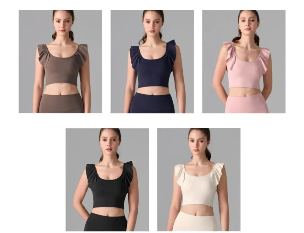 Women's Yoga Activewear Fixed-Cup Sports Bra Short Sleeve T-Shirt Lace Cami Top – Slimming Fitness Outfit for Gym, Pilates Yoga