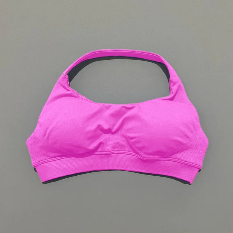 HISTELLO Seamless Halter Sports Bra – Open Back Gym & Yoga Top