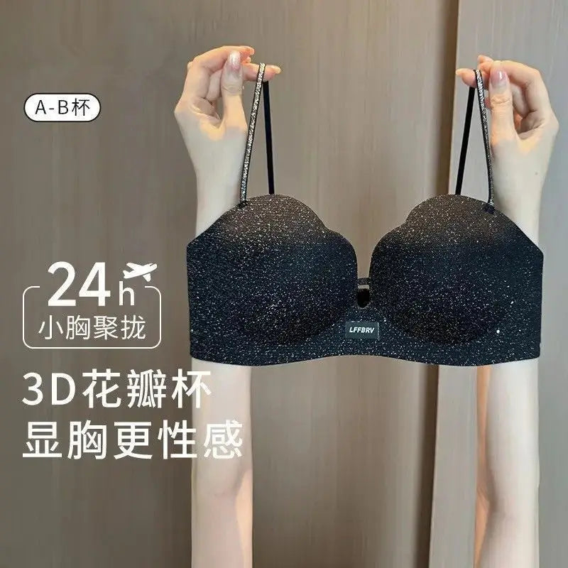 Hot Push Up Bra for Small Bust with Thin Shimmer Straps, Thick Padded Wireless Seamless Bra, Side Support Anti-Droop Lingerie
