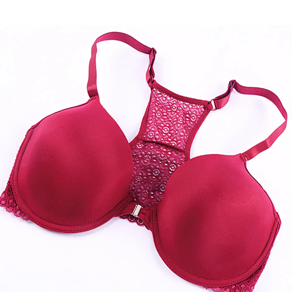 Red bra with lace details on a white background