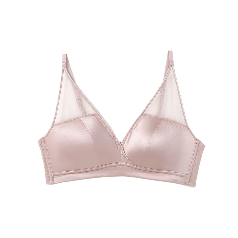 Mulberry Silk Satin French Lingerie Thin Wireless Bra for Small Chests