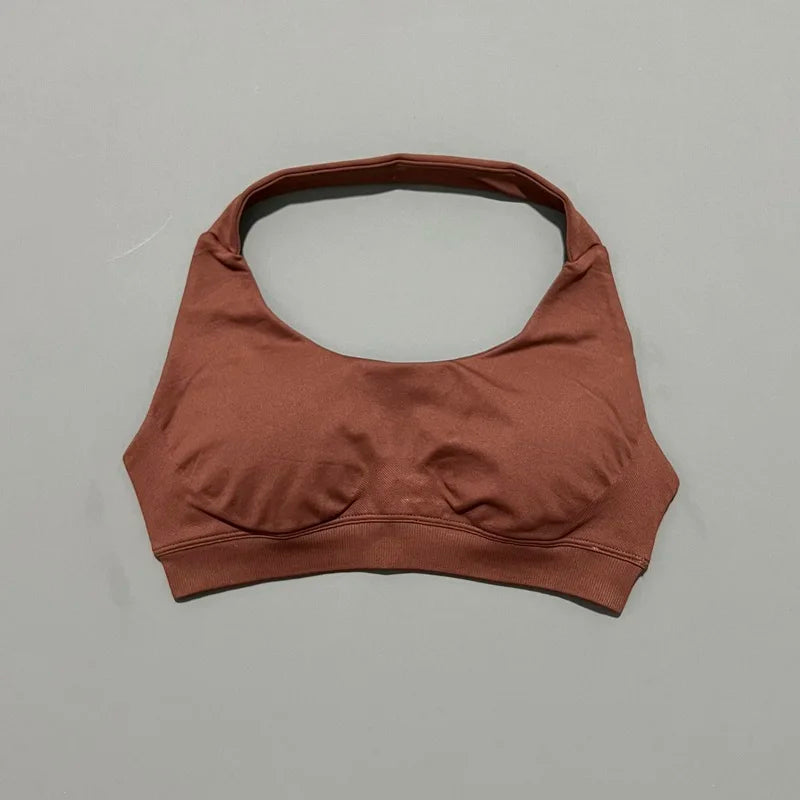 HISTELLO Seamless Halter Sports Bra – Open Back Gym & Yoga Top