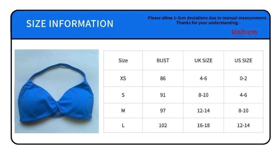 Size chart for a blue bikini top with measurements in BUST, UK SIZE, and US SIZE.