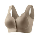 Beige bra with button details on a white background