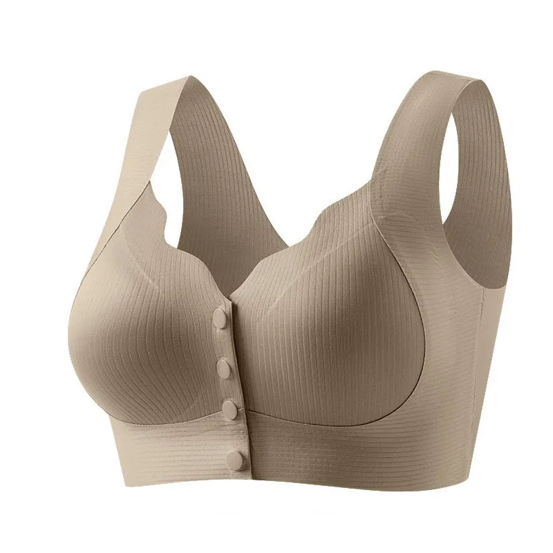 Beige bra with button details on a white background