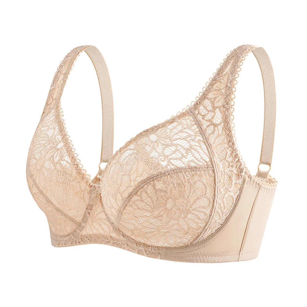 Beige lace bra on a white background