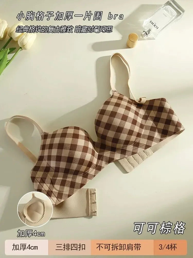 Sexy Seamless Push-Up Bra for Women Wireless with Soft Support Lift & Anti-Sagging Side Support for Armpit Fat Plaid Pattern