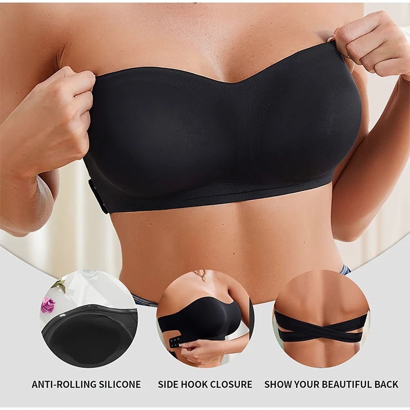 Ice Silk Strapless Push-Up Bra – Removable Pad Anti-Slip Beauty Back Off-Shoulder
