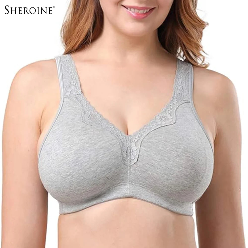 Sheroine Women's Floral Lace Cotton Bra Plus Size Wire-Free Non-Foam Comfort Wide Straps Full Coverage Sleep Underswear