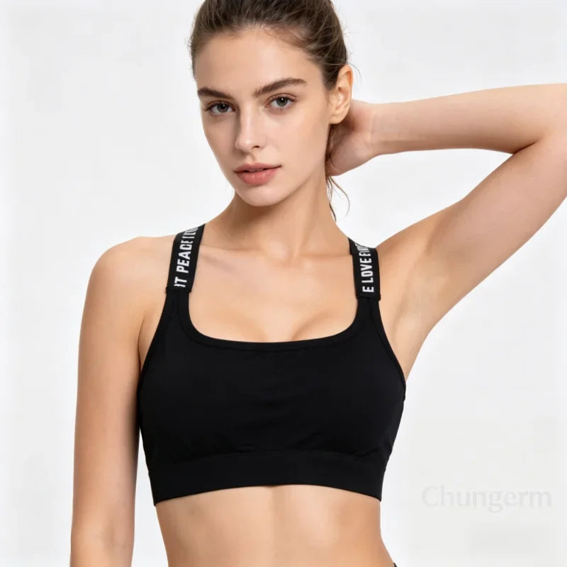 CHUANGERM Women's Seamless Sports Crop Top Wide Letter Straps Wireless Back Comfortable Yoga Fitness Workout
