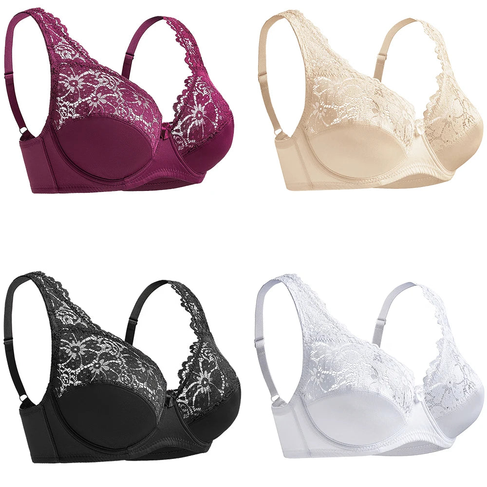 Four lace bras in different colors on a white background