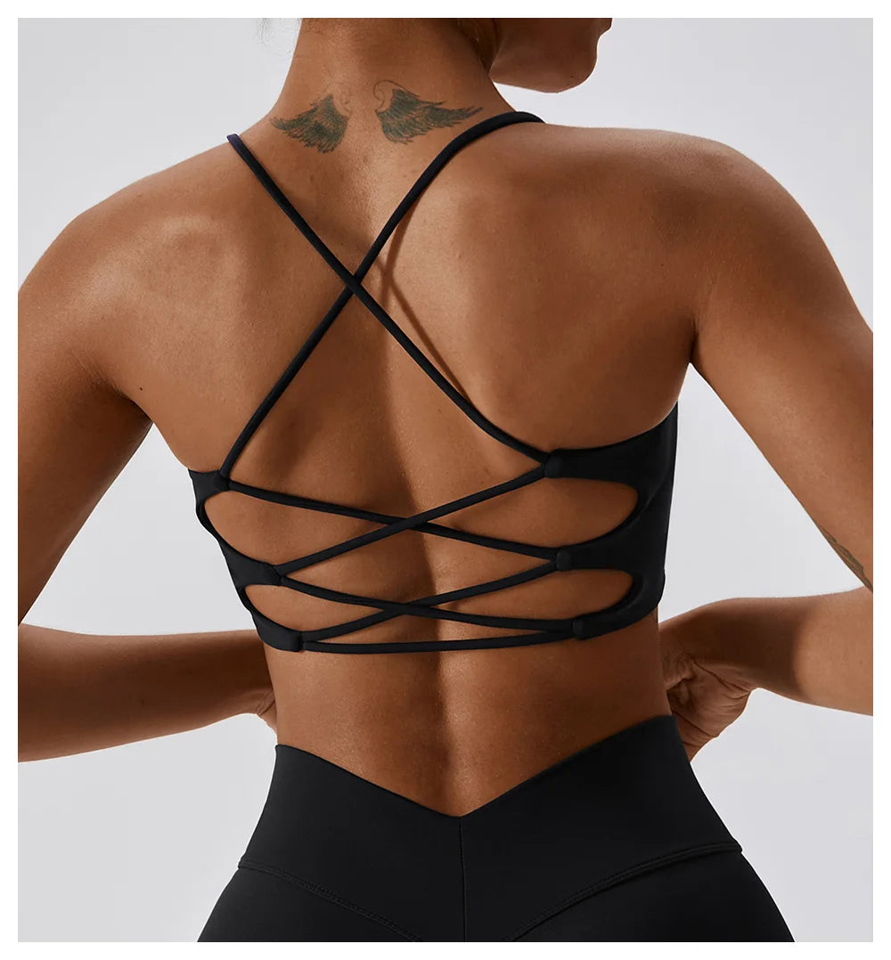 U-Shape Cross Back Sports Bra – Multi-Strap Padded Gym & Yoga Top