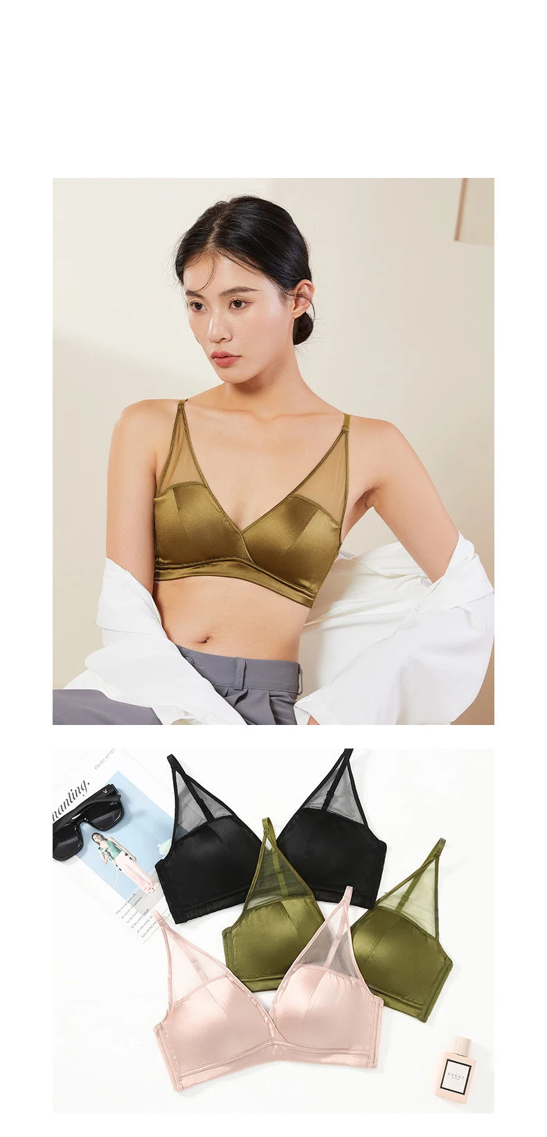 Mulberry Silk Satin French Lingerie Thin Wireless Bra for Small Chests