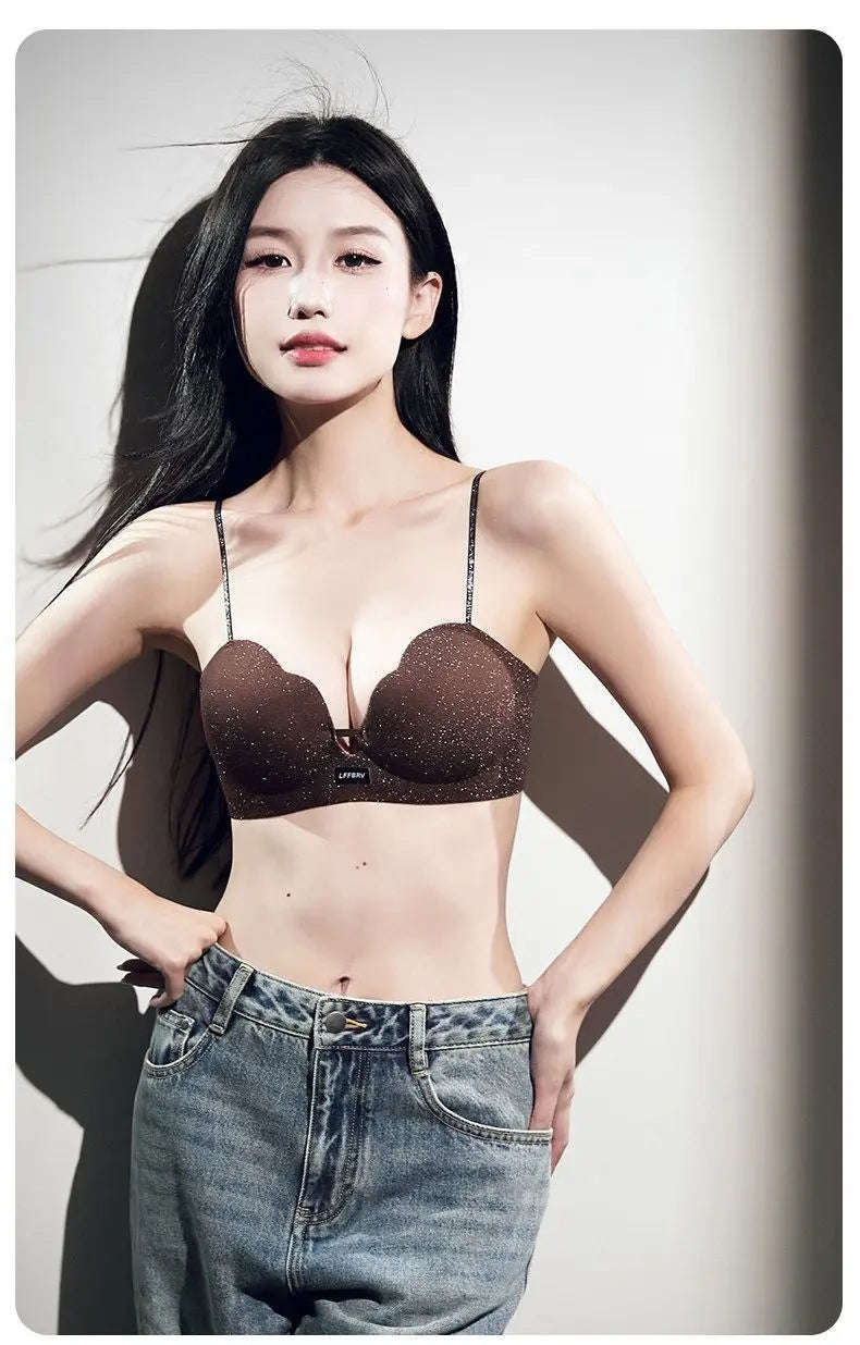 Hot Push Up Bra for Small Bust with Thin Shimmer Straps, Thick Padded Wireless Seamless Bra, Side Support Anti-Droop Lingerie