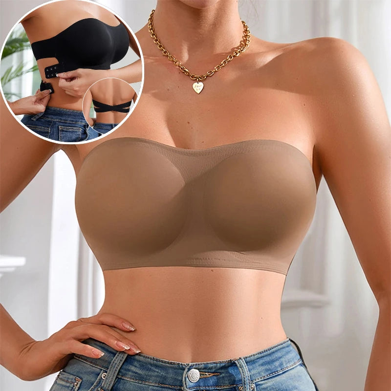 Ice Silk Traceless Strapless Bra – Wire-Free Removable Pad Cross Side Buckle