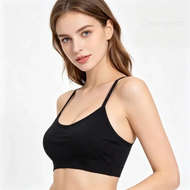 CHUANGERM Women's Seamless Sports Crop Top Wide Letter Straps Wireless Back Comfortable Yoga Fitness Workout