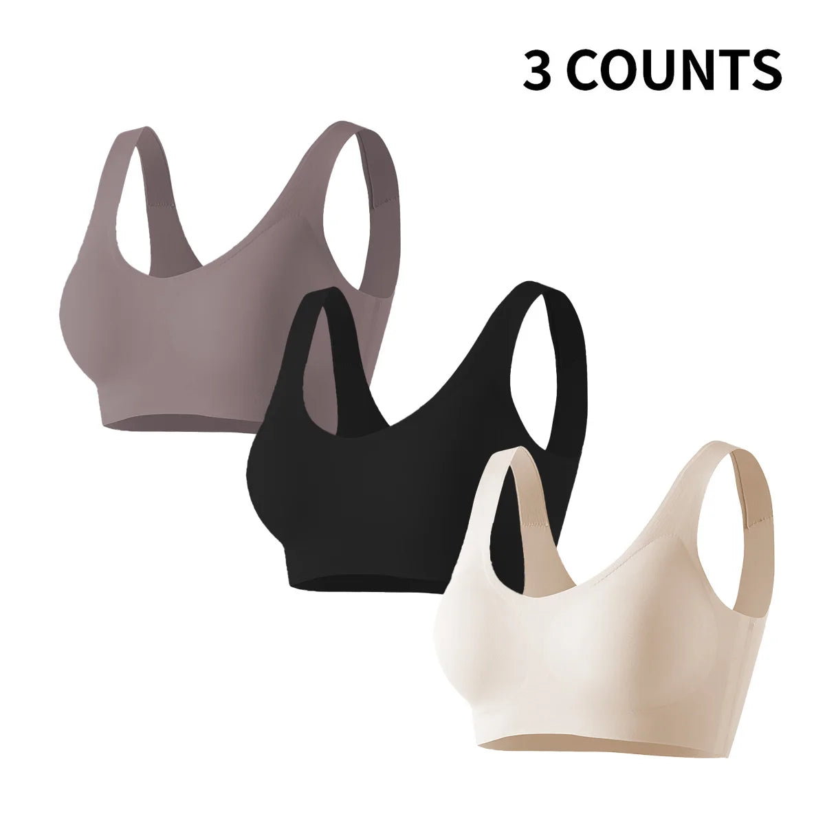 Three wireless sports bra styles in taupe, black, and nude beige, arranged diagonally on a white background with the text '3 COUNTS' in the top right corner.
