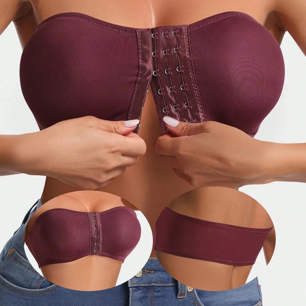 Plus Size Front Fastening Bandeau Bra – Strapless Wire-Free Padded Push-Up S–2XL