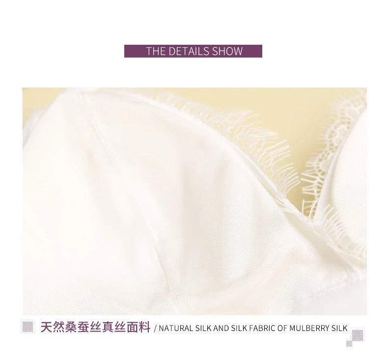 Women's Fashion Tassel Lace Triangle Bralette Wireless 3/4 Cup Mulberry Silk Soft Stretchy Lingerie Underwear