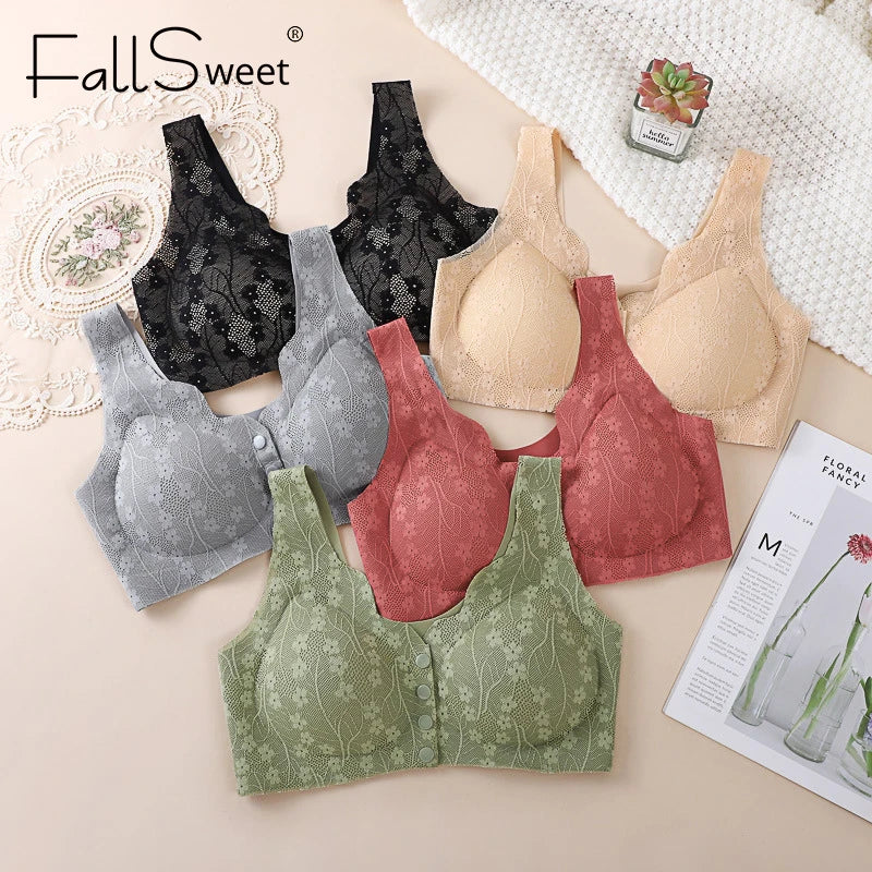 Collection of lace bras in various colors on a neutral background with 'FallSweet' branding.