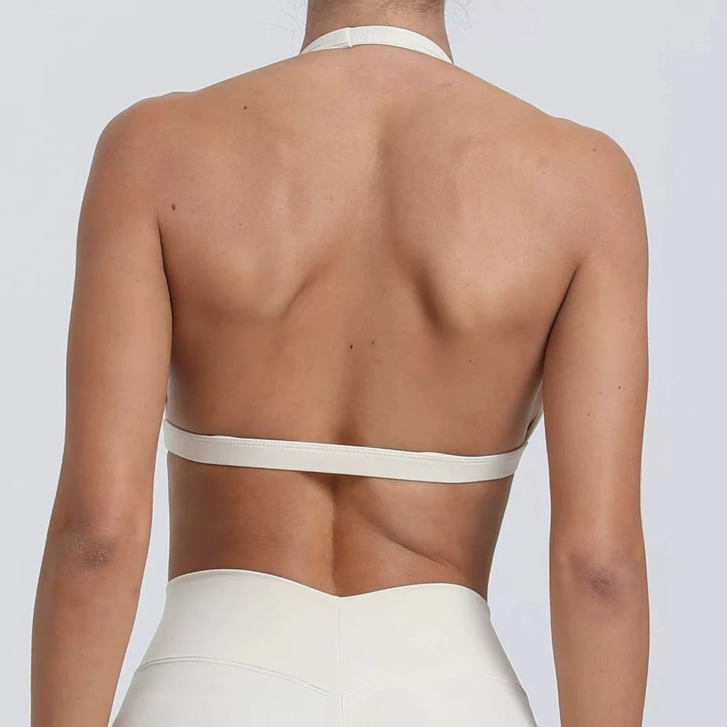 Seamless Halter Neck Open Back Sports Bra – Medium Support Yoga Gym Crop Top