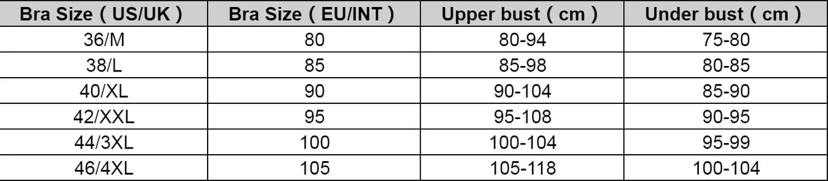 A size chart table showing bra sizes from 36/M to 46/4XL with EU/US conversions, upper bust measurements in centimeters, and under bust measurements in centimeters.