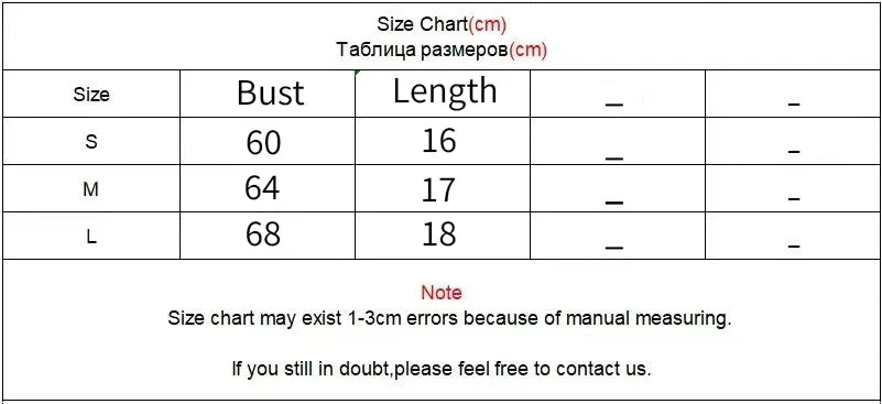 A size chart table in Chinese and English format showing measurements for sizes S, M, and L, with bust, length, and empty space columns.