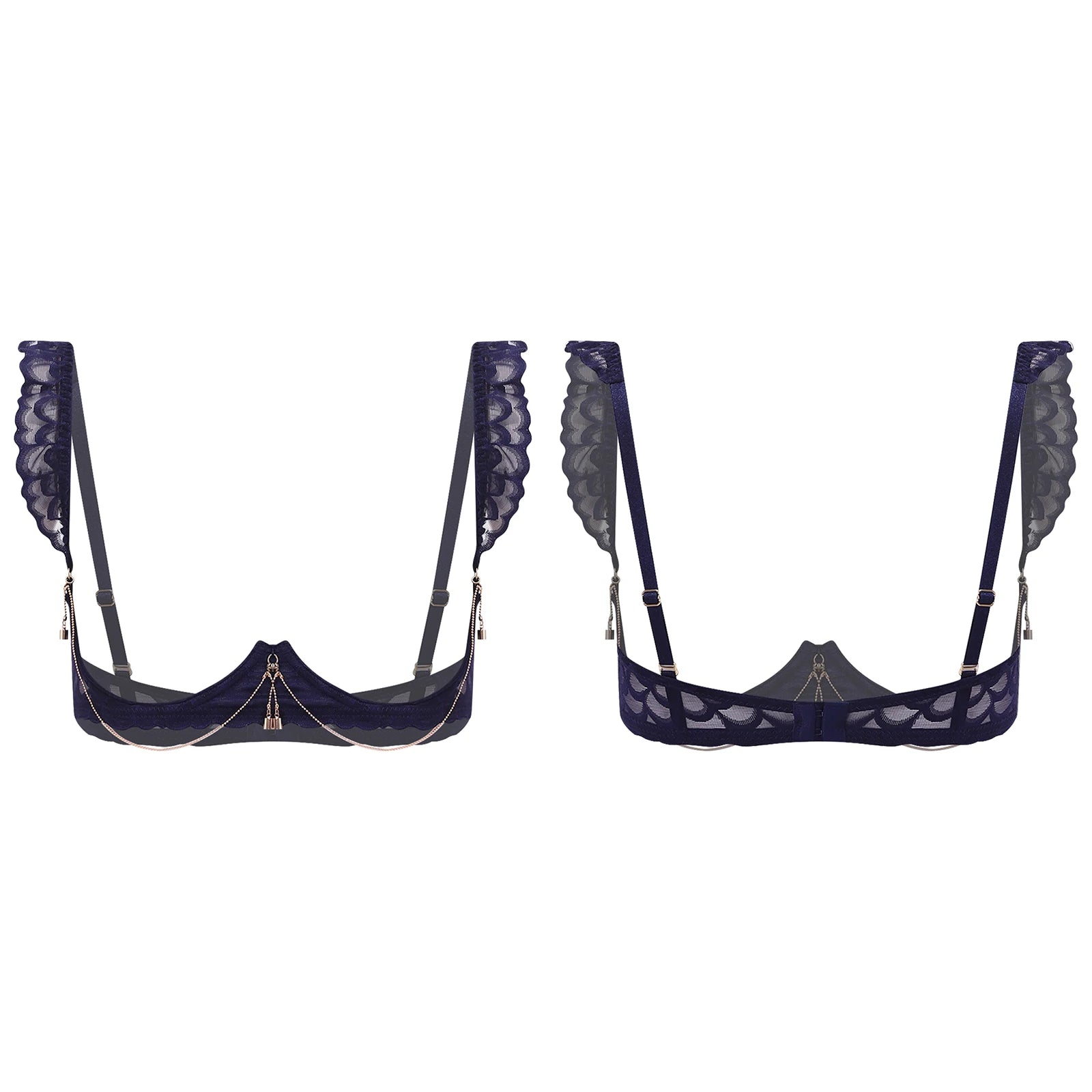 Womens Floral Lace Cupless Shelf Bra See Through Open Cup Underwired Push Up Balconette Bra with Metal Chain Unlined Brassiere
