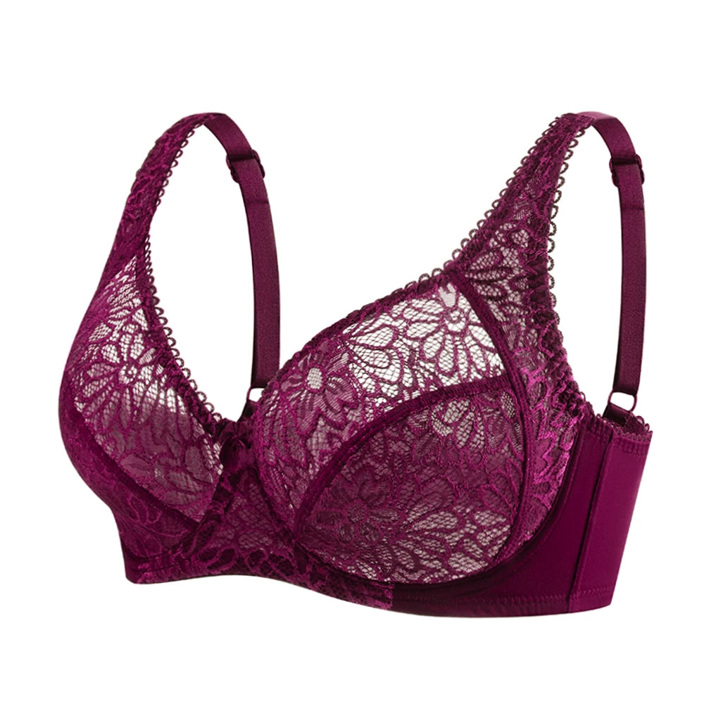 Purple lace bra on a white background