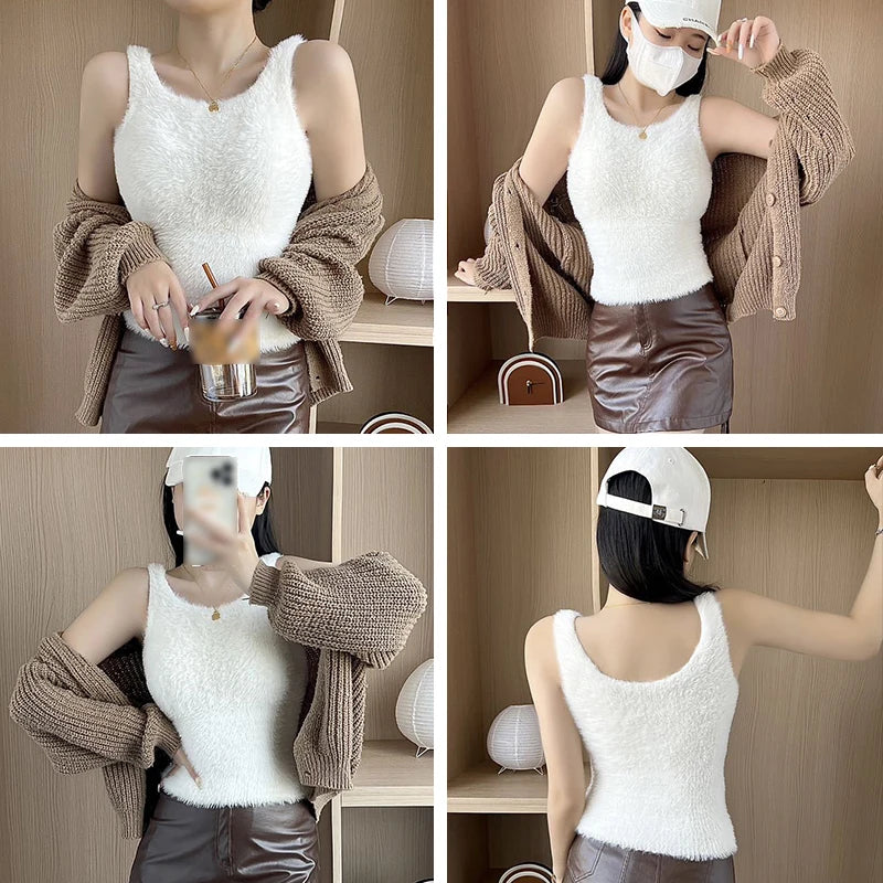 Plush Fleece Thermal Camisole – Built-In Bra Pad Warm Wool Tank Top