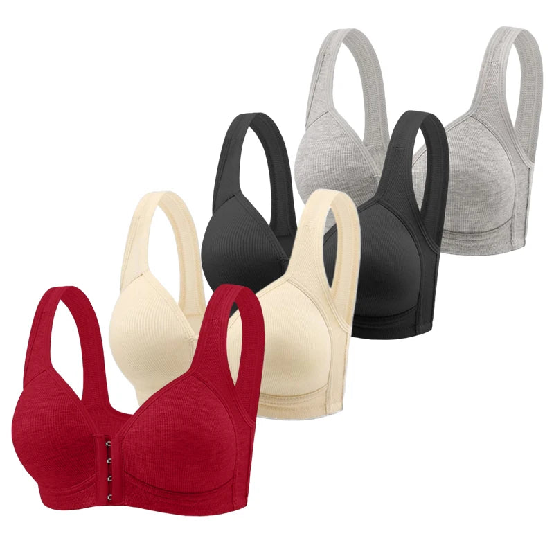 Set of women's bras in various colors on a white background