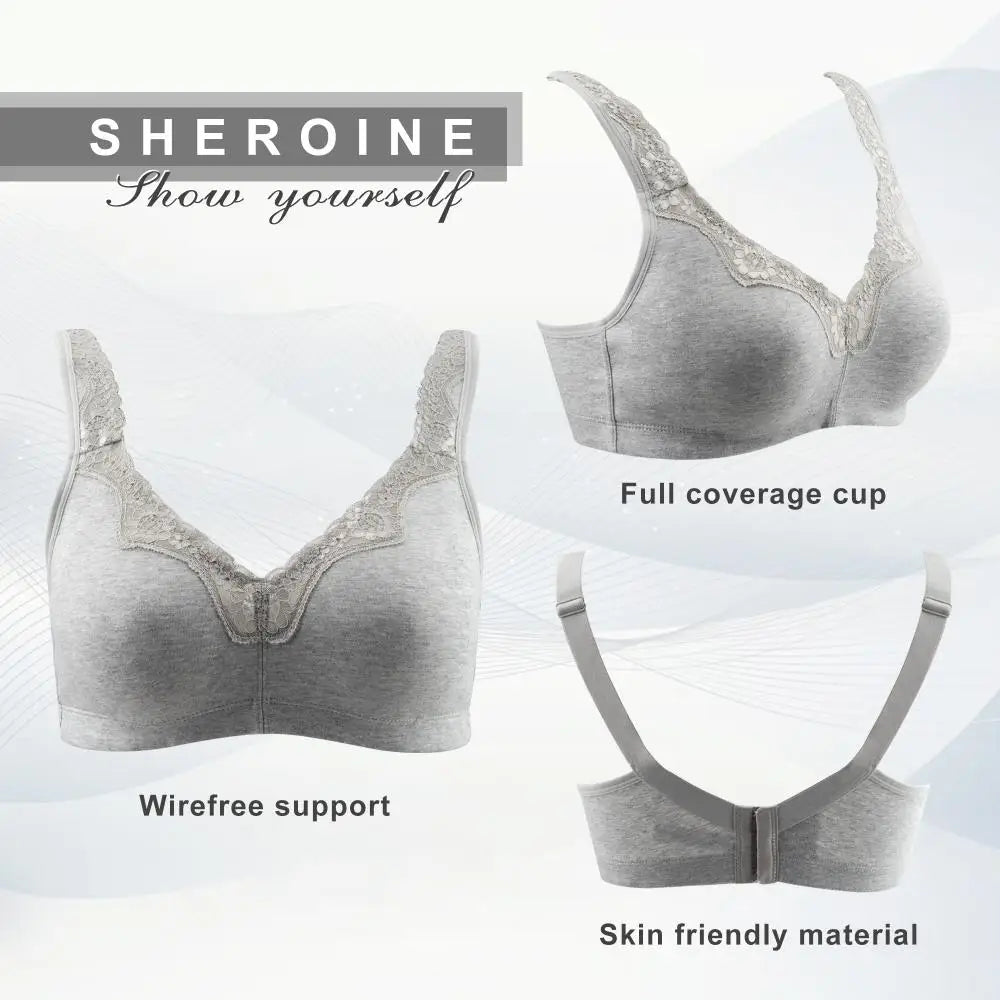 Sheroine Women's Floral Lace Cotton Bra Plus Size Wire-Free Non-Foam Comfort Wide Straps Full Coverage Sleep Underswear
