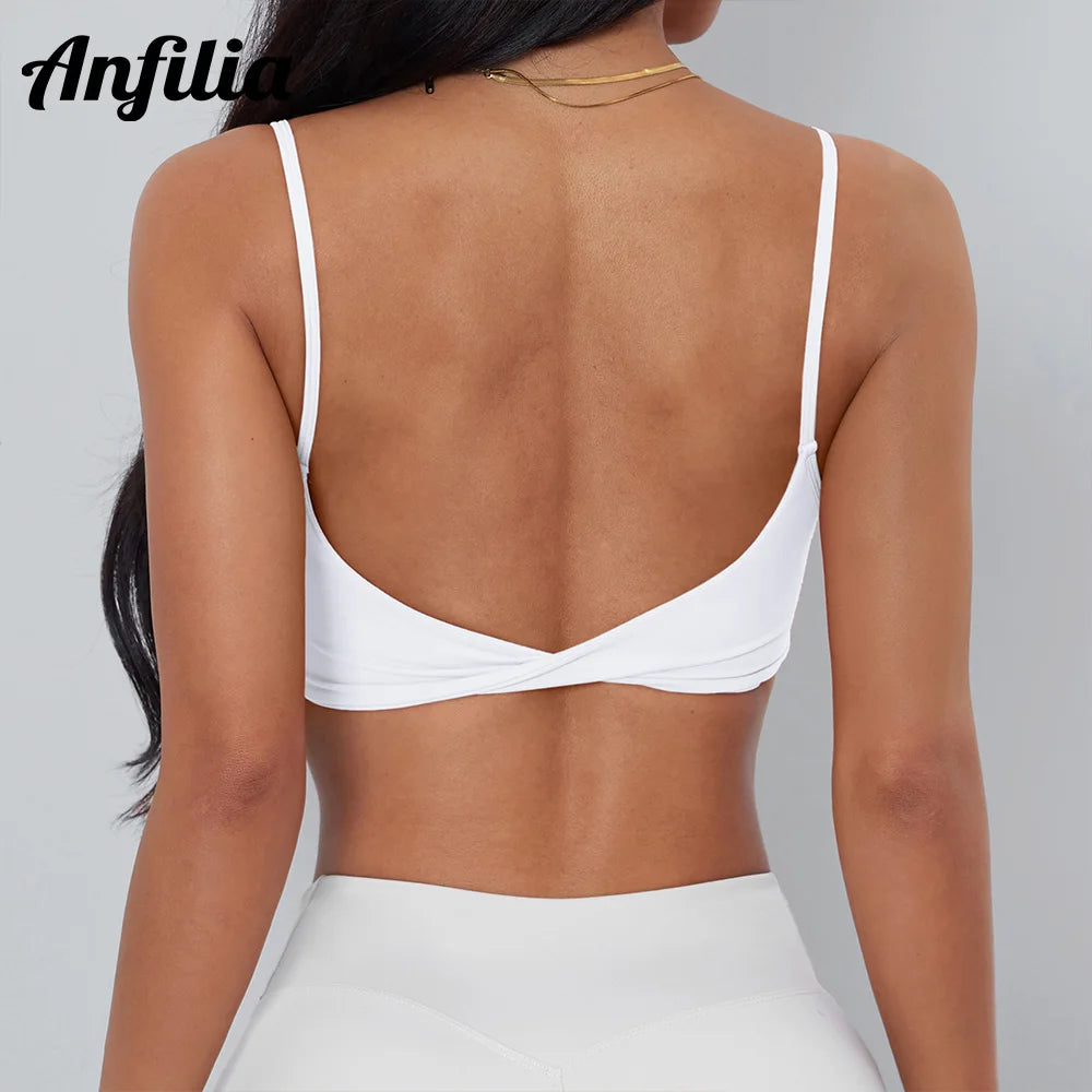 Anfilia Women Sports Bra Spaghetti Straps Backless Gym Bra High Elastic Square Neck Removable Padding Workout Top