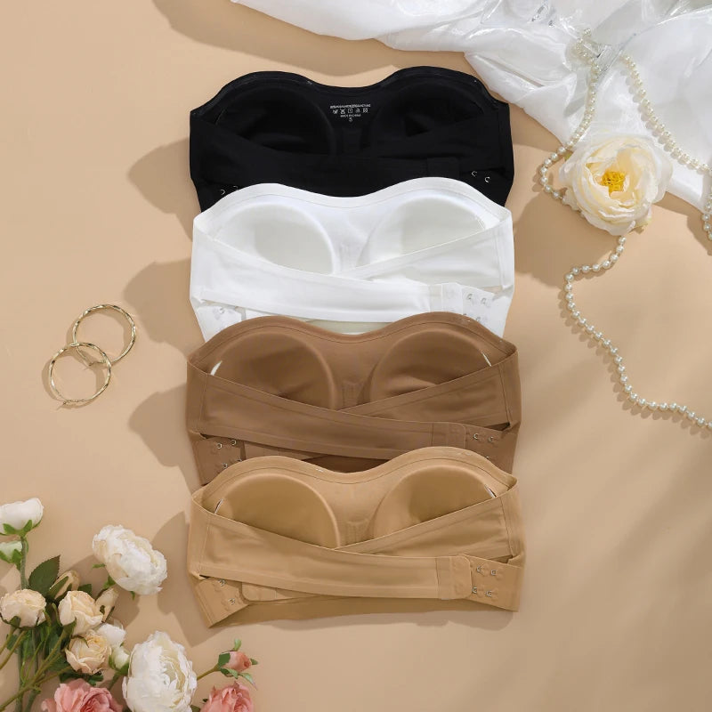 Ice Silk Traceless Strapless Bra – Wire-Free Removable Pad Cross Side Buckle