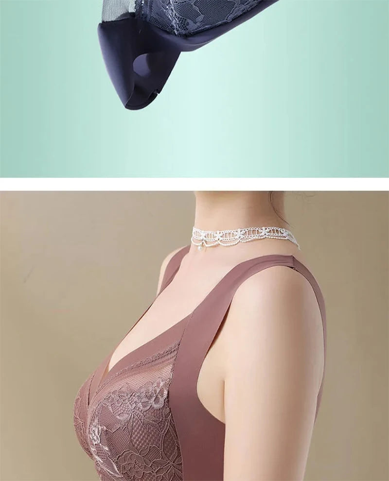 Plus Size Ice Silk Seamless Bra – Lace Wireless Push-Up Full Cup