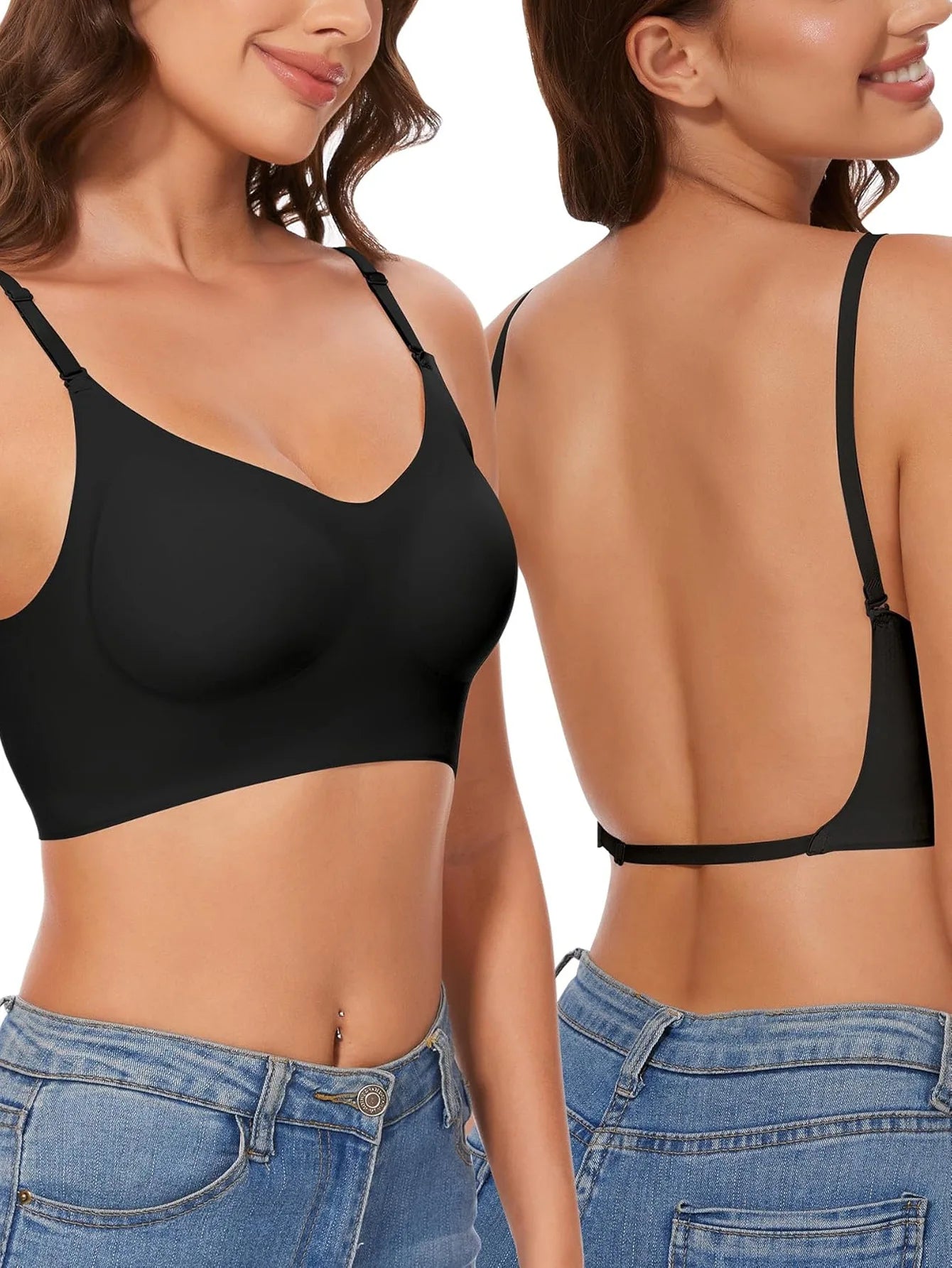 Invisible Deep U Plunge Bra – Backless Strapless Push-Up (S–XXL)