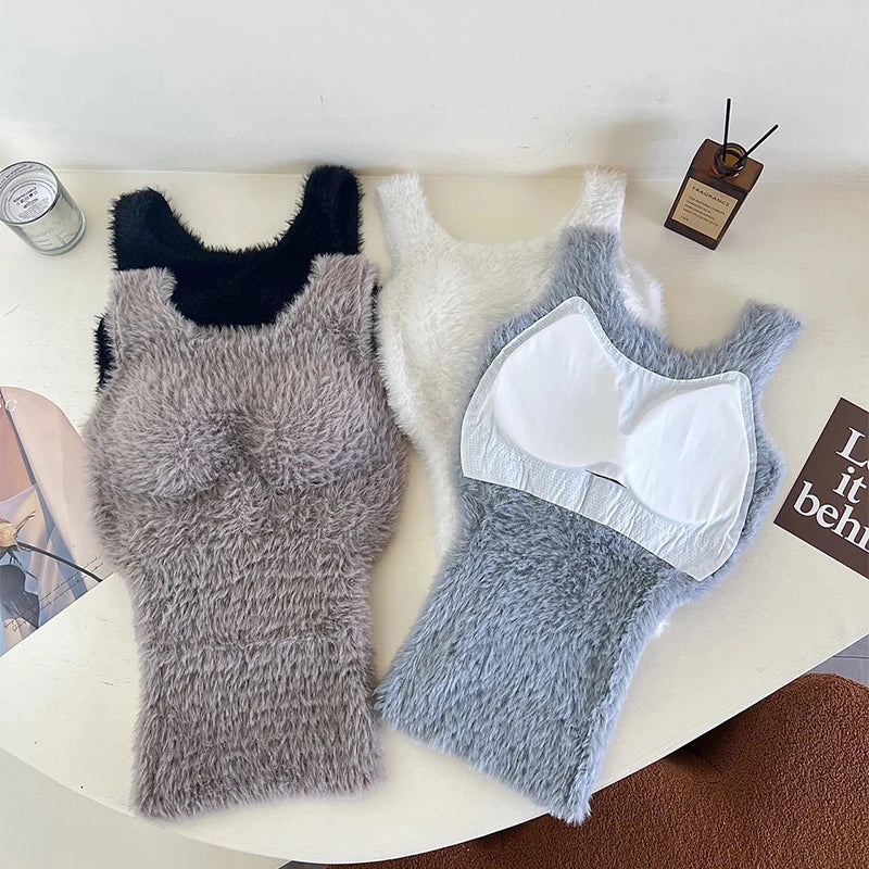 Plush Fleece Thermal Camisole – Built-In Bra Pad Warm Wool Tank Top