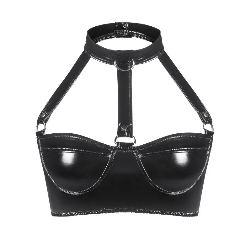 Black leather harness bra on a white background
